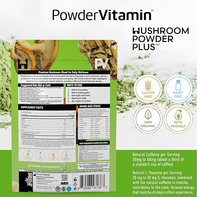 PowderVitamin Organic Ceremonial Mushroom Matcha Certified Pesticide-Free Grass-Fed Collagen Types I & III 8 Fruiting Body Mushrooms Tested for Beta-Glucans Focus Digestion & Immunity 30 Servings