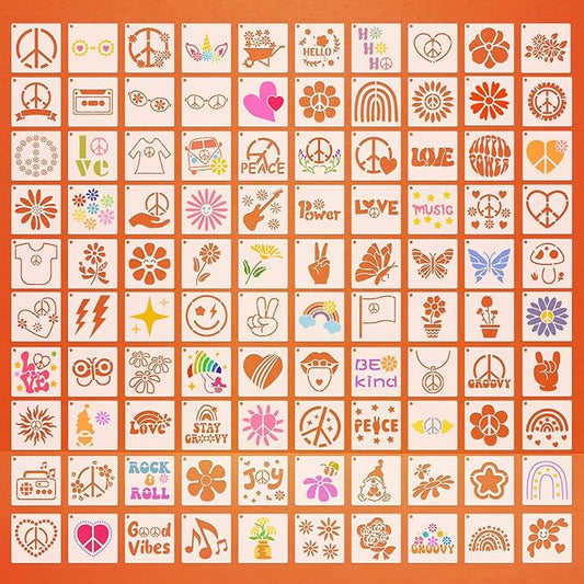 Fainne 100 Pcs Stencils for Painting on Wood Reusable Stencil Crafts Drawing Templates Holiday Wall Paper for DIY Scrapbook Home 2 x 2 Inch (Groovy Party)