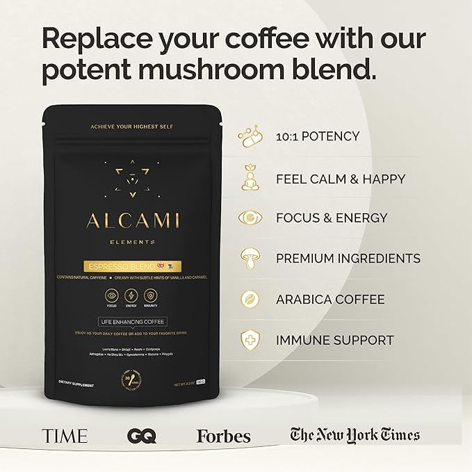 Mushroom Espresso Coffee 10X Concentrated Extract, with Lion's Mane, Reishi & Cordyceps, Energy & Focus Support, 30 Servings, Premium Supplement Powder
