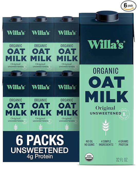 Willa's Organic Oat Milk - Unsweetened Original Oatmilk, Non-GMO, Shelf Stable, Low Sugar, Non-Dairy Vegan Milk, Made from Whole Oats, No Oil, No Gums, 32oz, Pack of 6
