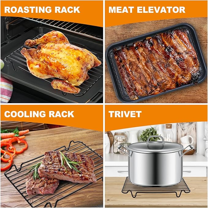 Roasting Rack,Heavy Duty Turkey Rack for Roasting Pan,Oven Roasting Rack Insert for Baking,Oven Cooking,Cooling and Grilling with Integrated Feet,Nonstick Coating,Dishwasher Safe(12"x 7.5")