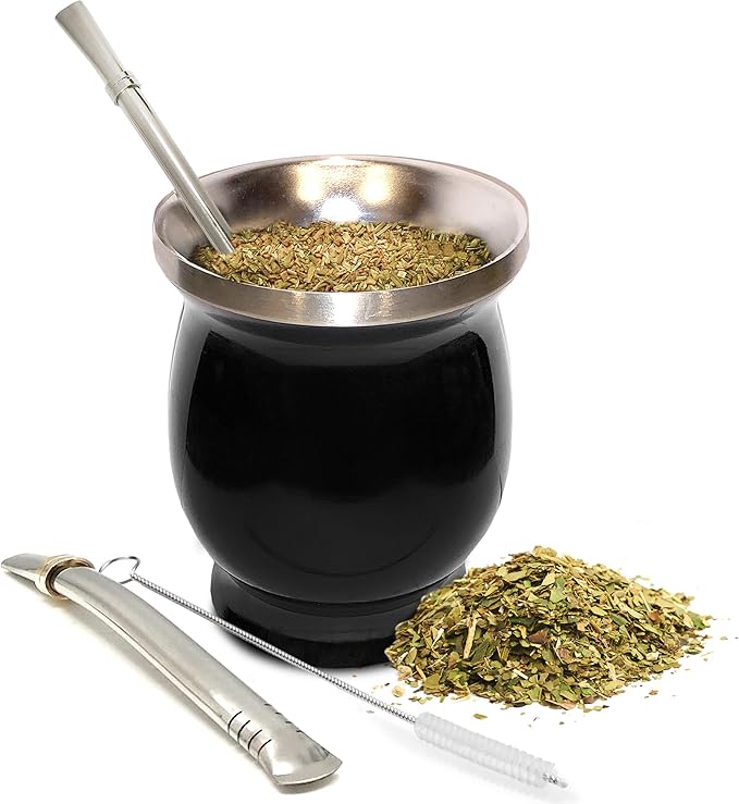 Norte Yerba Mate Cup Kit, 8-Ounces Traditional Mate Tea Cup/Gourd Set | Includes 2 Bombillas (Yerba Mate Straw) & Cleaning Brush, Stainless Steel Cup, Double-Walled, Easy to Clean | Black