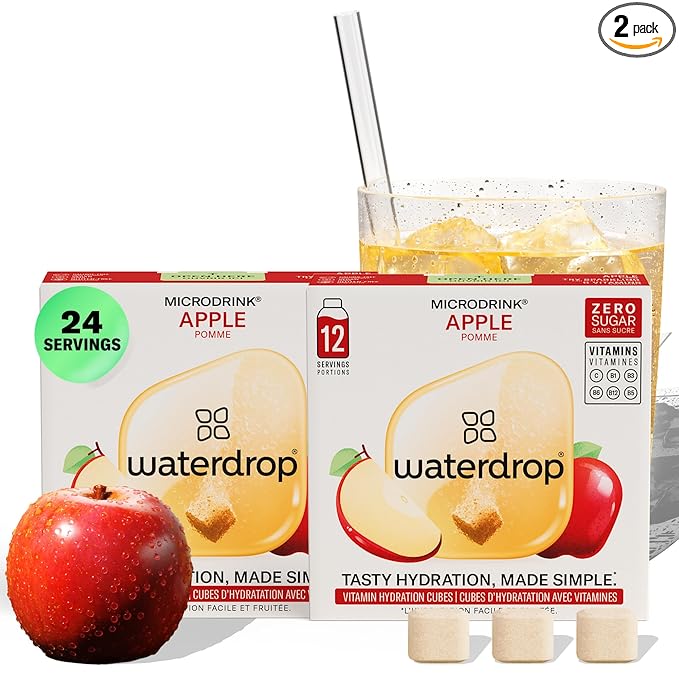 Waterdrop Hydration Cubes with Vitamin C, B3, B5 & Electrolytes, Apple Flavor, Flavored Water Enhancer Electrolyte Cubes for Still & Sparkling Water, Sugar Free, Low Calorie, On the Go, Vegan, 24 Ct
