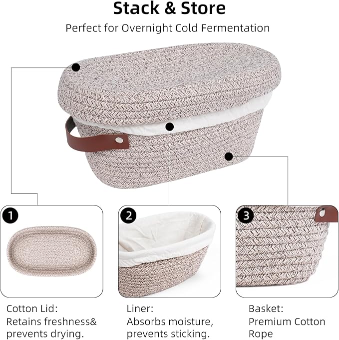 Stackable Cotton Banneton Proofing Basket Set, With Pro Sourdough Aliquot Jar for Rise Tracking – 9 inch Round Bread Basket x 2, Sourdough Bread Baking Supplies, Pro-Level Bread Proofing Kit