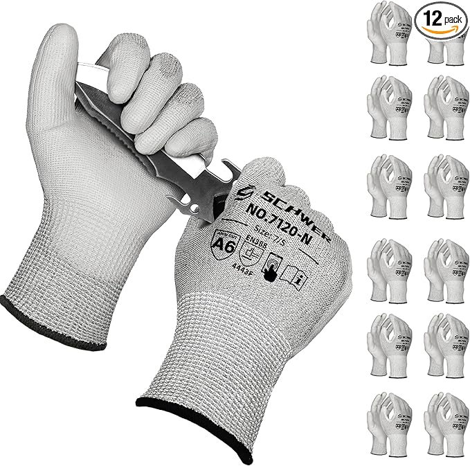 Schwer 12 Pairs ANSI A6 Cut Resistant Gloves CR7120 Cut Proof Work Gloves, Touchscreen, for Men and Women Used for Woodworking, Glass Cutting, Construction, Cargo Handling, Car Repair, S