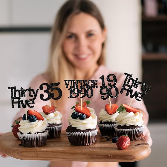 Gyufise 24Pcs Vintage 1990 Cupcake Toppers Glitter Cheers to 35 Fabulous Thirty Five Cupcake Picks 35th Birthday Wedding Anniversary Party Cake Decorations Supplies Black