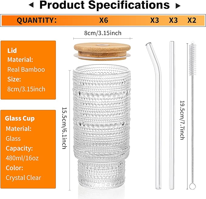 KEMORELA Set of 6 Hobnail Drinking Glasses with Cool Glassware Lid and Straw, 16oz XL Highball Bubble Cocktail, Old Fashioned Beverage Glasses, Romantic Water Glasses for Juice