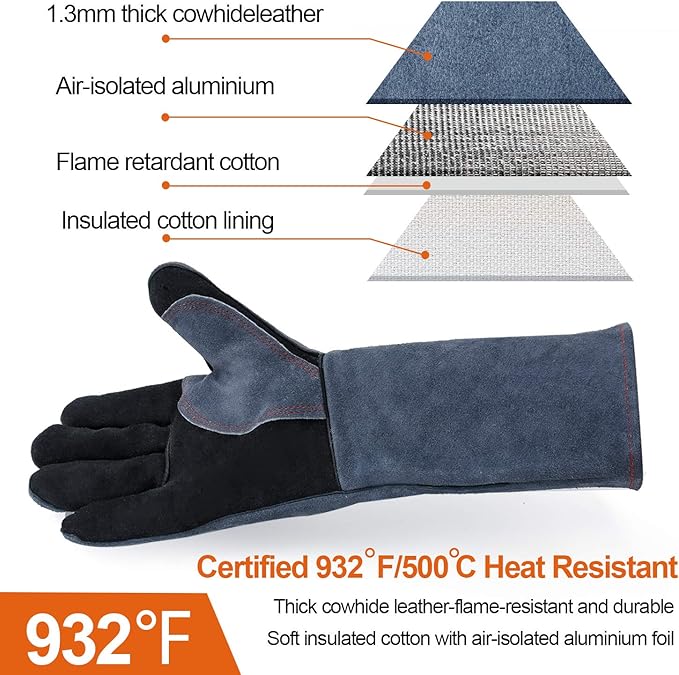 H HZXVOGEN Welding Gloves 16 Inches 932℉ Heat Fire Resistant BBQ Grill Gloves for Arc TIG MIG Wood Stove Barking Oven Fireplace Welder Gloves, Free Size for Men Women