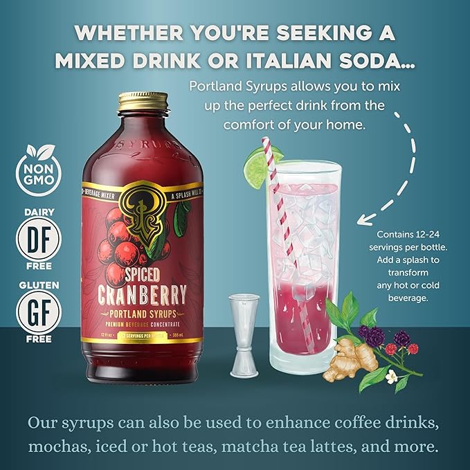 Portland Syrups Spiced Cranberry Syrup - Drink Mixer for Crafting Cocktails, Mocktails, & Seasonal Beverages - Flavor Enhancer for Soda, Punch, and Mulled Drinks - 12 oz Bottle, 24 Servings, Pack of 1