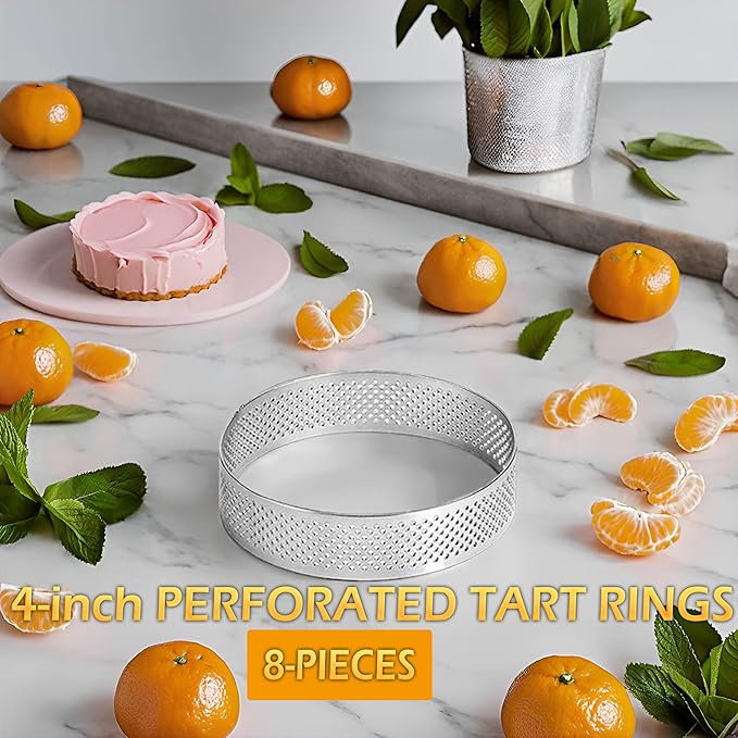 8Packs Perforated Tart Rings 4 Inch Stainless Steel Perforated Cake Rings, Round Tart Ring Molds for Cookies, fruit tarts, Prevent Soggy Crust & Even Baking