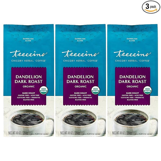 Teeccino Dandelion Dark Roast Herbal Coffee - Caffeine-Free Coffee Alternative with Prebiotics, Gluten Free, Acid Free, Organic - 10 oz (Pack of 3)