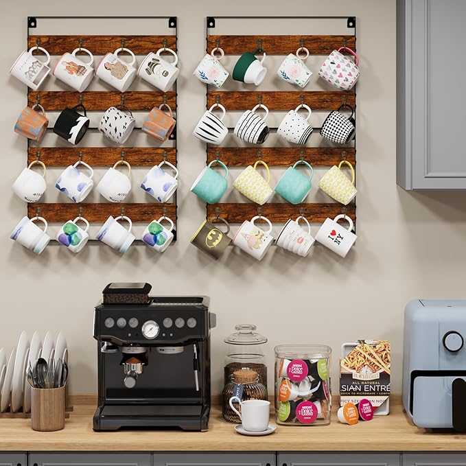 Rustic Wood Coffee Mug Rack - Wall Mount Cup Holder Shelf Storage for Kitchen, Home, Bar, Office (4 Pack, Holds 32 Mugs)