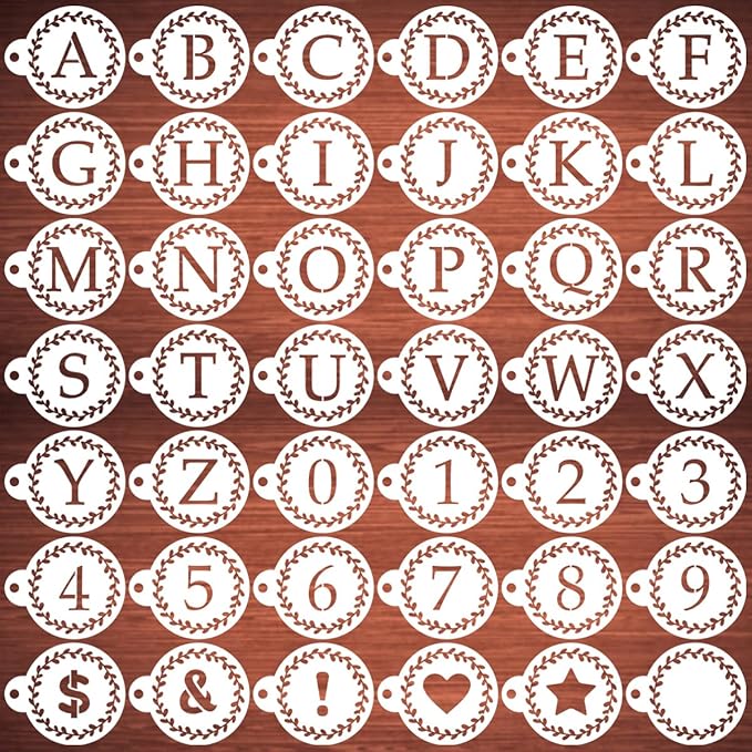 Letter Stencils for Coffee Cookie Decorating - 42 Pack Alphabet Letter and Number Stencil Templates for Cakes Cookies Airbrush, Reusable Stencils for Wood Crafts Painting & Coffee Cookie Baking