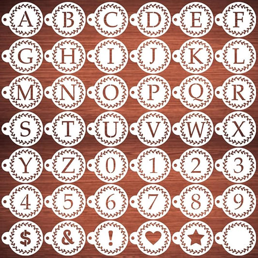 Letter Stencils for Coffee Cookie Decorating - 42 Pack Alphabet Letter and Number Stencil Templates for Cakes Cookies Airbrush, Reusable Stencils for Wood Crafts Painting & Coffee Cookie Baking