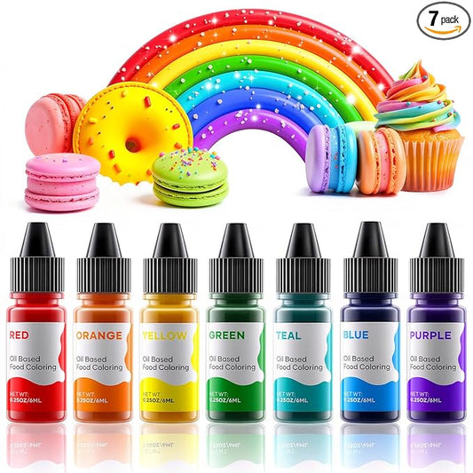 Oil Based Food Coloring for Chocolate Rainbow Oil Edible Food Dye Set for Baking Royal Icing Cookie Supplies Gluten Free 7x6ml Food Grade Food Color Kit, 0.25 Fl. Oz/Bottles