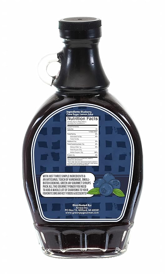 Green Jay Gourmet Blueberry Syrup - 3 Ingredient Premium Breakfast Syrup with Fresh Blueberries, Cane Sugar & Lemon Juice - All-Natural, Non-GMO Pancake Syrup, Waffle Syrup & Dessert Syrup - 2 x 8 Oz