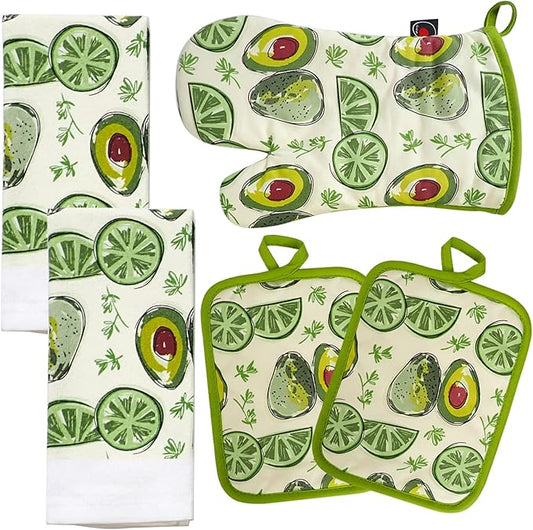 Oven Mitts and Potholders Dish Towles Set 100% Cotton for Perfect for Gifting, Baking and Everyday Cooking Durable Heat Resistant for Kitchen (5-Piece Lemon Avocado)