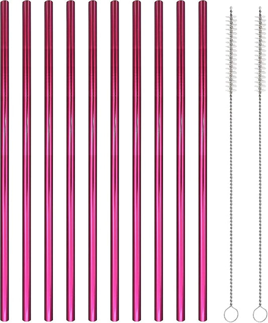 10 Pcs Stainless Steel Straws, Reusable Drinking Straws, Straight Metal Straw Sets with 2 Pcs Cleaning Brushes (10.5 Inch, Rose Red)