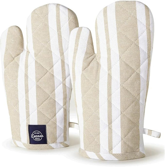 Encasa Homes Long 14 inch Oven Microwave Hand Gloves Mitts (2 pc Set) for Kitchen Cooking & Baking - Heat Resistant, Thick & Safe, Protection of Hands from Hot Utensils - Franca Beige Stripes