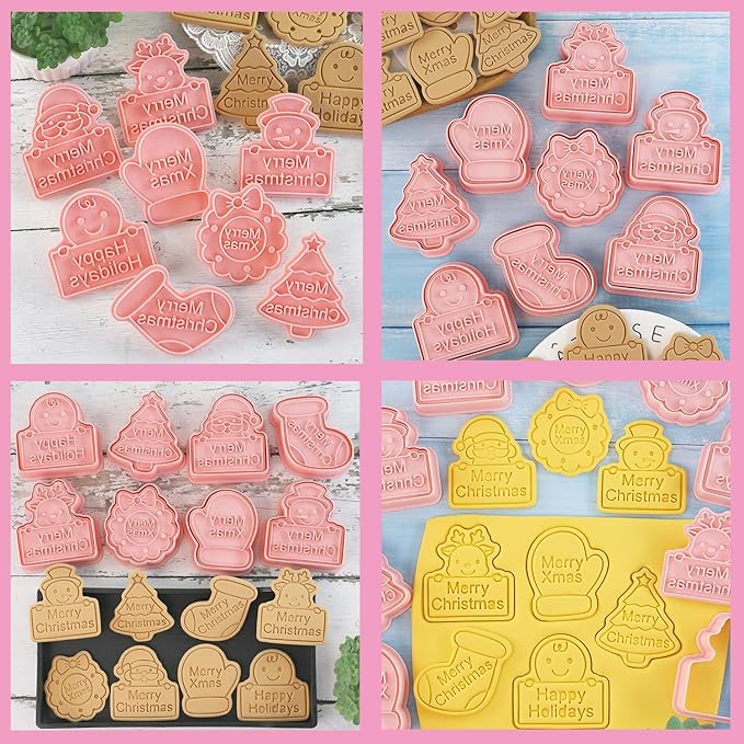 8pcs Christmas Cookie Cutter Set Merry Christmas Cookie Cutters with Plunger Stamps Biscuit Mold 3D Snowman Cookie Molds Cake Baking Fondant Cutter Christmas Party DIY Cookie Decorating Supplies (L8)