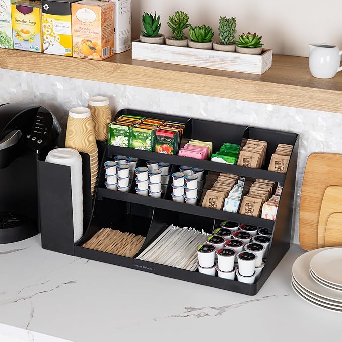 Mind Reader Cup and Condiment Station, Countertop Organizer, Coffee Bar, Kitchen, Stirrers, 24"L x 11.5"W x 12.5"H, Black