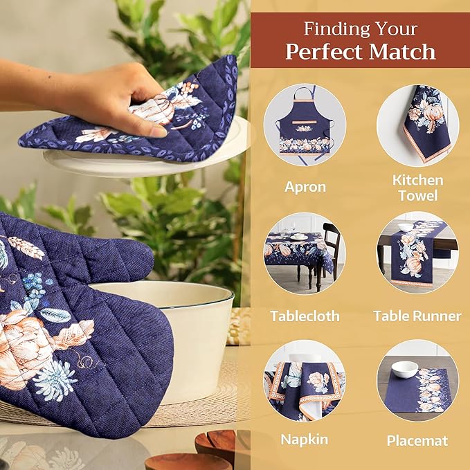 Maison d' Hermine Pot Holders Set 100% Cotton Heat Resistant Potholders 8" x 8" Hot Pads with Loop BBQ, Cooking, Baking, Grilling, Kitchen, Handling Hot Pans (Pack of 2, Pumpkin Blues)