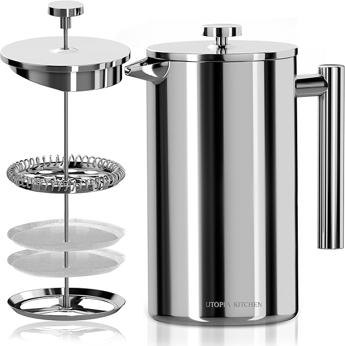 Utopia Kitchen French Press Coffee Maker, Double Wall Insulated Stainless Steel Coffee Press with 4-Level Filtration system, Includes 2 Extra Filters, Rust-Free, Dishwasher Safe (Silver, 17 Ounce)