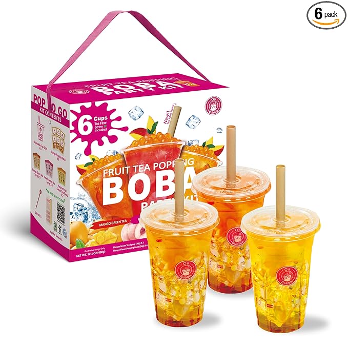 O's Bubble Boba Tea Kit - 6 Servings Bubble Tea Kit - Popping Boba Party Kit - 3 flavors Popping Boba Kit - 6 Packs of Syrups and 6 packs of Popping Boba - All in One Boba Kit for Popping Boba Tea Lovers