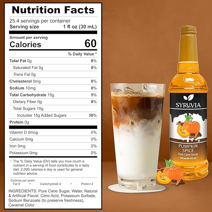 Syruvia Pumpkin Spice Syrup – 25.4 fl oz – Syrup for Coffee, Lattes, Shakes, Smoothies, Desserts – 100% Vegan, Gluten Free, Kosher Delicious Coffee Sauce, (Pack of 2)