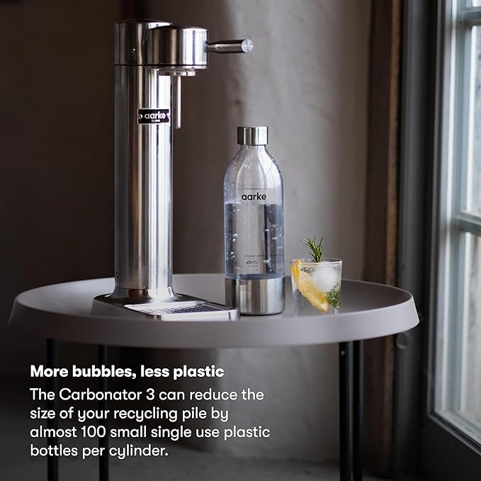 Aarke Carbonator lll with CO2 Cylinder, Sparkling & Carbonation Water Machine, Stainless Steel with PET BPA-Free Reusable Bottle Volume 1L/34 fl oz (Stainless Steel)