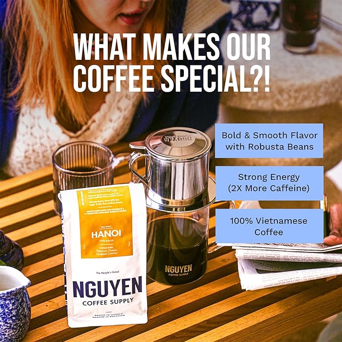 Nguyen Coffee Supply - Hanoi Robusta: Dark Roast Premium Whole Coffee Beans, Vietnamese Single Origin, Direct Trade, Low Acid with High Caffeine Content, Roasted in Brooklyn [12 oz Bag]