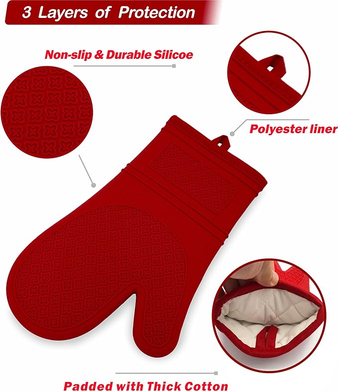 Yutat Silicone Oven Mitts, Oven Gloves with Non-Slip Silicone, 600 Degree Heat Resistant, Soft Cotton Lining, Waterproof and BAP-Free, Oven Mitts for Cooking and Baking - 1 Pair 12 Inch Red