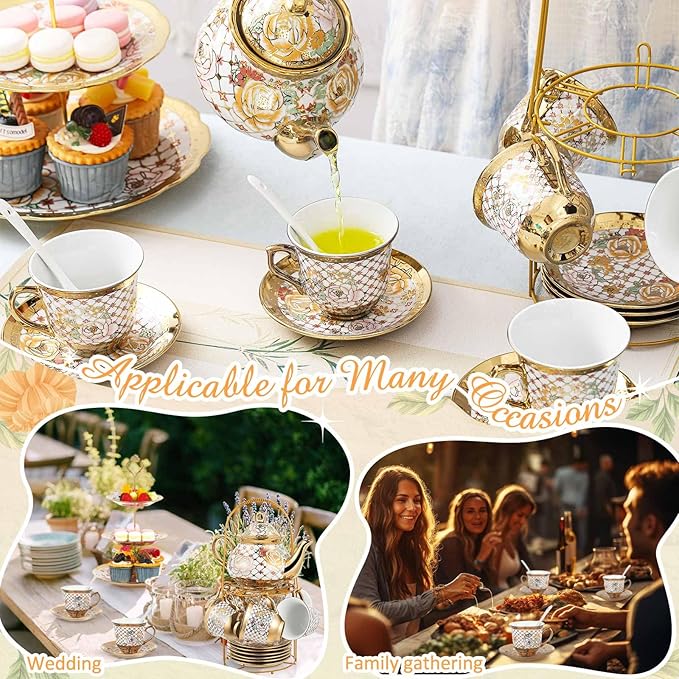 Maxcheck 21 Pcs Tea Party Set for Adults European Floral Tea Set with Metal Holder and 3 Tier Ceramic Cake Stand Porcelain Flower Cup Teapot for Dessert Cupcake(Stylish Style)
