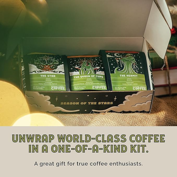 Stone Creek Coffee Yule and the Universe Box (Medium and Light Roast, 8 Oz) – Whole Bean Coffee Sampler Holiday Limited-Edition Gift Set, Uplifting and Deep Roasted Coffee Beans