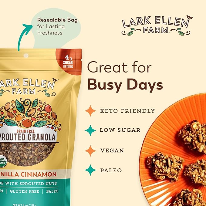 Lark Ellen Farm Vanilla Cinnamon Granola Clusters, Gluten Free, Vegan, Certified Organic, Low Sugar Healthy Snack for Cereal, Yogurt, or With Honey 8 oz - 3 Pack