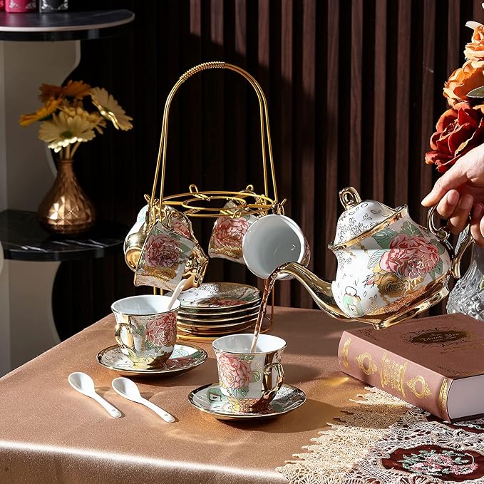 Zhehao 20 Pcs Porcelain Tea Set with Metal Holder and Spoon Adult Ceramic Tea Party Set European Flower Painting Teapot Cup Saucer Spoon Set for Women, Large Version(Bright Style)