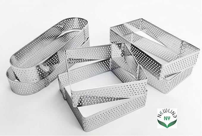 NewlineNY Stainless Steel 6 Pcs Perforated Oval, Rectangular, Square Tart Rings Molding Plating: 2 of each (5" x 1.5") + (4" x 1.5") + (2.8" square) x (0.8" H) Sizes