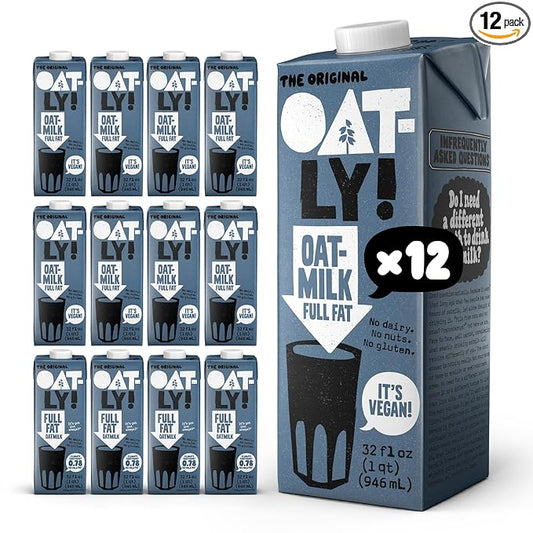 Oatly Full Fat Oatmilk – Creamy, Plant-Based Whole Milk Alternative | Dairy-Free, Vegan, Shelf-Stable, Non-GMO & Glyphosate Residue-Free | Only 1g Saturated Fat (32 oz, 12-Pack)