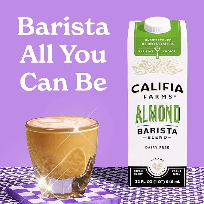 Califia Farms - Unsweetened Almond Barista Blend Almond Milk, 32 Oz (Pack Of 6), Shelf Stable, Dairy Free, Plant Based, Vegan, Gluten Free, Non GMO, Sugar Free, Milk Frother, Creamer