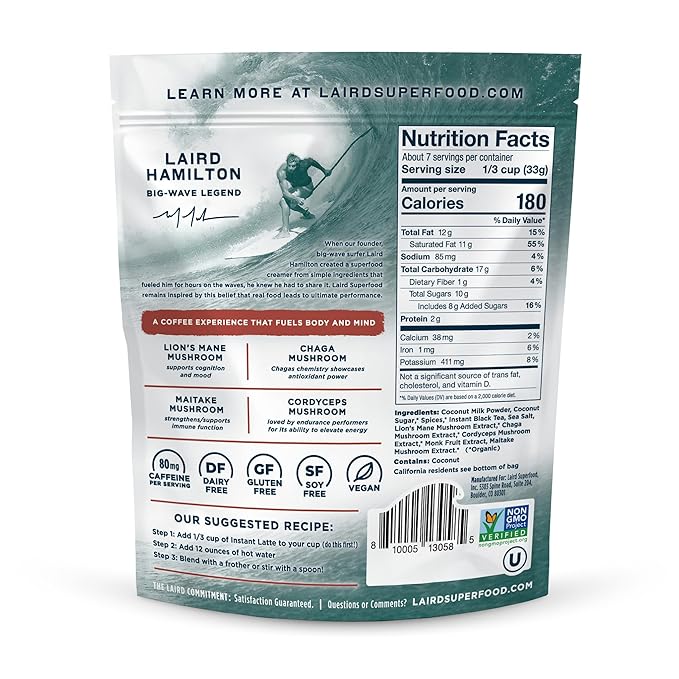 Laird Superfood Chai Instant Latte with Adaptogens - Instant Chai Tea Powder with Superfood Coconut Creamer - Gluten Free, Non-GMO, Vegan, 8 oz. Bag, Pack of 1