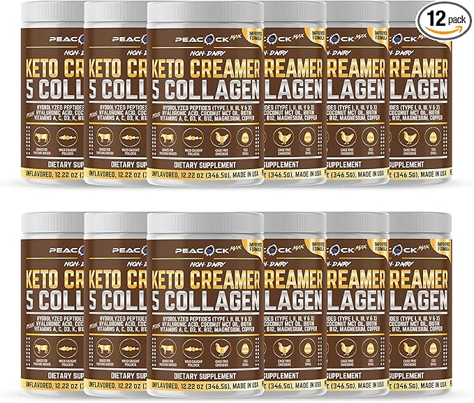 Collagen Keto Coffee Creamer Powder 12.22 oz, Pack of 12, Hydrolyzed Collagen Peptides with Coconut MCT Oil, Magnesium, Unflavored Protein Powder, Sugar Free Coffee Creamer for Smoothies