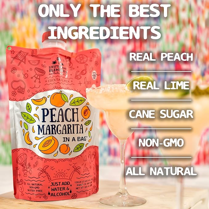 Lt. Blender's Peach Margarita in a Bag - Peach Margarita Mix - Each Bag Makes 1/2 Gallon - Non-GMO Cocktail Mix - No Blender Needed - Add Liquor, Wine or as a Mocktail (Pack of 1)