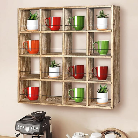 Montex Coffee Mug Holder, Mug Rack Wall Mounted, 3 Tier Coffee Mug Shelf, Rustic Coffee Mug Display Rack for Kitchen, Home, Coffee Bar(16 Grids)