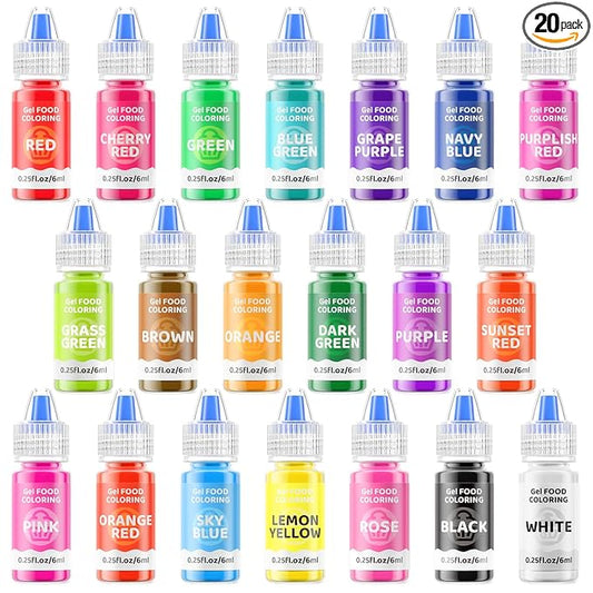 Gel Food Coloring Cake Decorating Set - Jelife 20 Colors Gel Based Flavorless Edible Food Color Dye Vibrant Concentrated Neon Icing Colors for Kids Baking Macaron Frosting Fondant Cookie (6ml/Bottles)