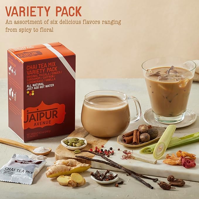 Jaipur Avenue Variety Chai Tea Mix Crafted with All-Natural Assam Black Tea, Cardamom, Cane Sugar, and Premium Dry Milk - Preservative-Free, Gluten-Free, Authentic Indian Chai Tea Latte - (12 Count)