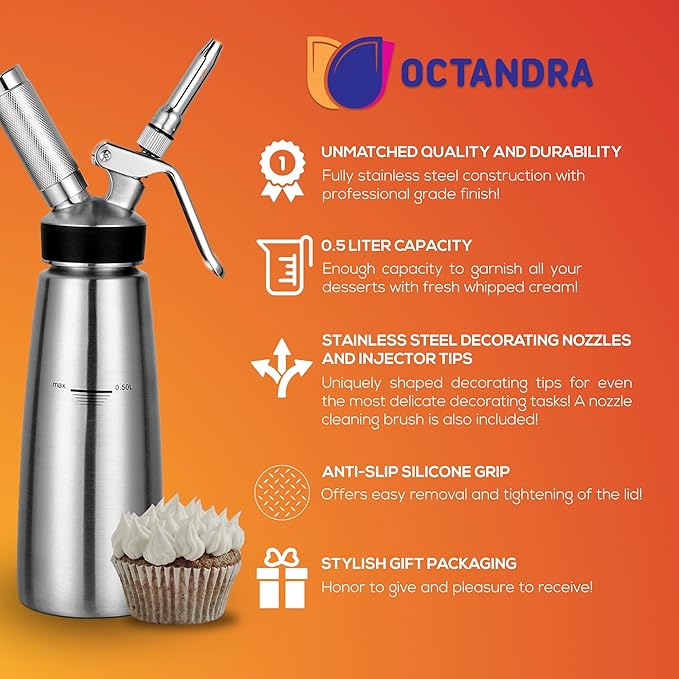 OCTANDRA 304 Stainless Steel Whipped Cream Dispenser 500mL/1 Pint Whip Cream Canister Maker Commercial Grade Whipping Siphon Cream Whipper with 3 Decorating Tips, 4 Injector Tips & Charger Holder