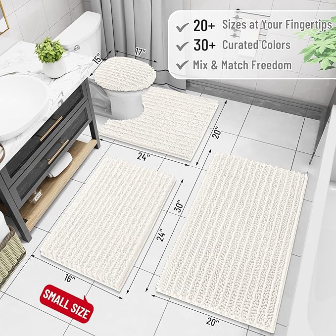 Arotive Luxury Chenille Bathroom Rug Mat, Extra Soft Thick Absorbent Shaggy Bath Rugs, Non-Slip Machine Wash Dry, Plush Bath Mats for Bathroom, Shower and Tub, 59x35, Ivory