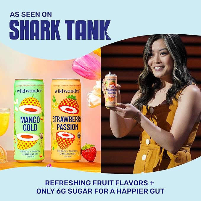 wildwonder Sparkling Probiotic Drink 12pk, For Gut Health & Immune Support, Pineapple Paradise, 5g Prebiotic Fiber, Live Probiotics, Organic, Vegan, Low Sugar, 12 Pack, 12oz Can, As Seen on Shark Tank