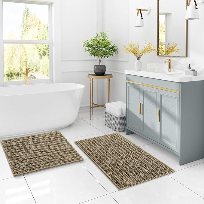 Arotive Luxury Chenille Bathroom Rug Mat, Extra Soft Thick Absorbent Shaggy Bath Rugs, Non-Slip Machine Wash Dry, Plush Bath Mats for Bathroom, Shower and Tub, 47x24, Camel