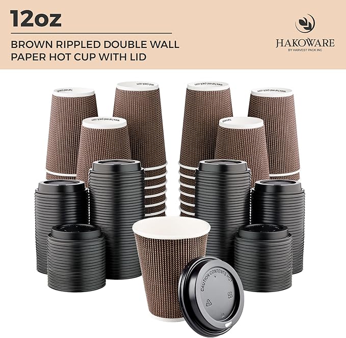 [100 SET]Harvest Pack 12 oz Disposable Coffee Cups, Insulated Ripple Double-Walled Paper Cups with Lids, Brown Geometric, Leak-Proof Drinking Cups for Tea Hot Chocolate Drinks To go coffee cups